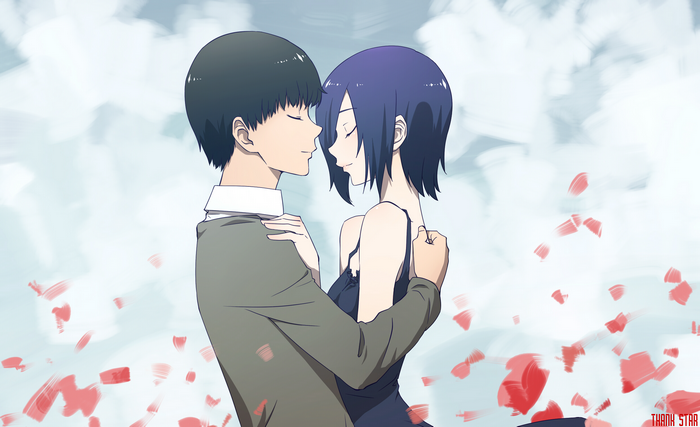 Ken Kaneki and Touka Kirishima embracing