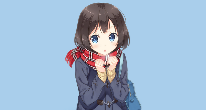 Anime girl with brown hair and blue eyes wearing a scarf
