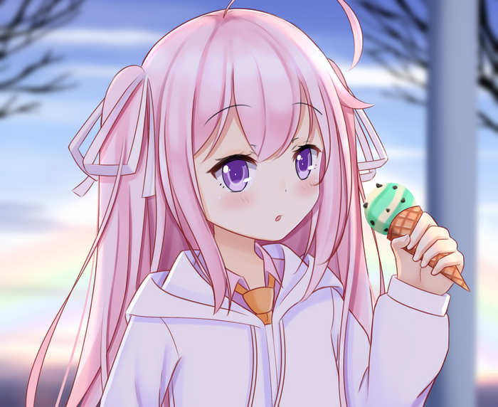 Girl with pink twintails eating ice cream