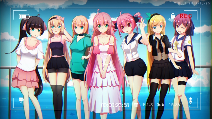 Seven Stylish Anime Girls Posing by the Ocean