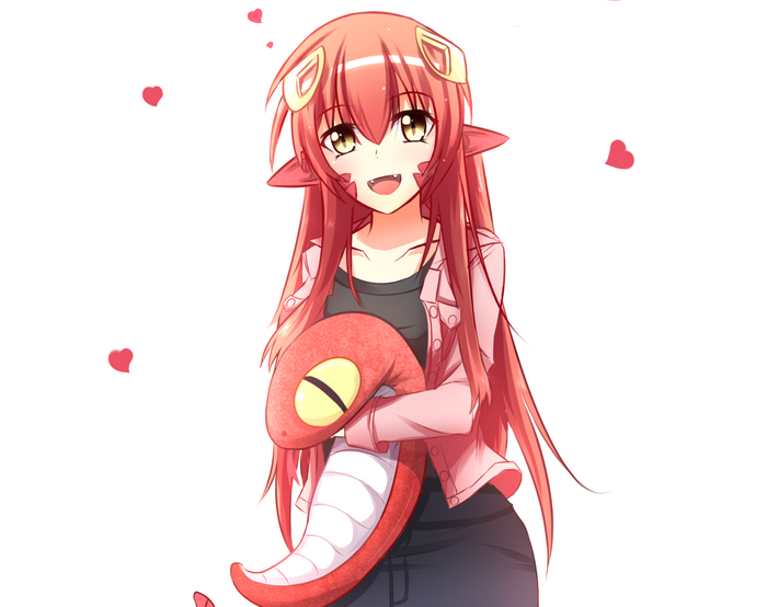 Miia from Monster Musume holding a snake plush