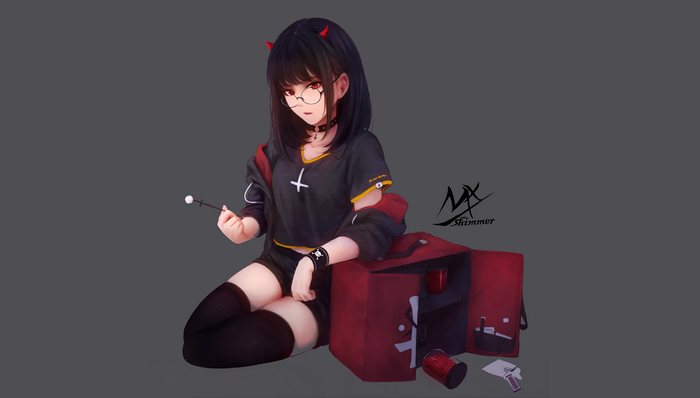 Anime Girl with Horns and Red Eyes in Casual Outfit