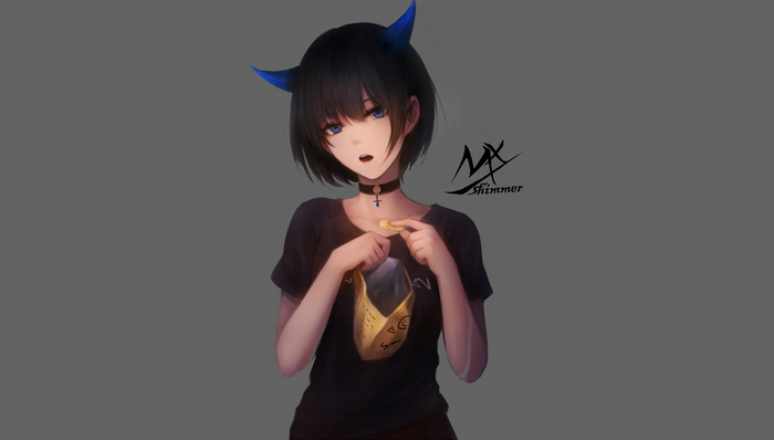 Girl with Blue Horns Eating Chips