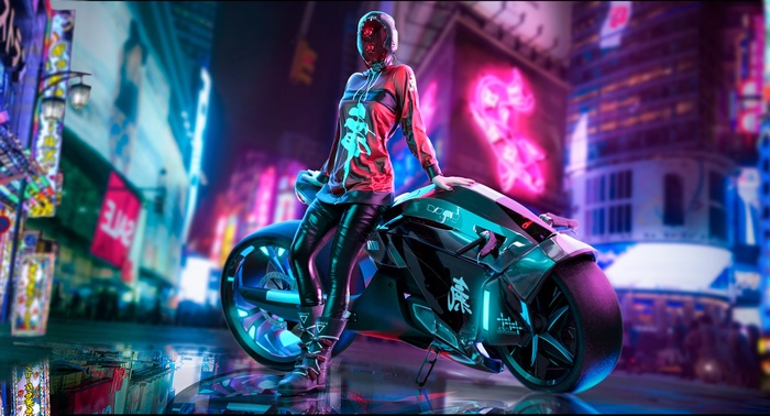 Cyberpunk Girl with Futuristic Motorcycle