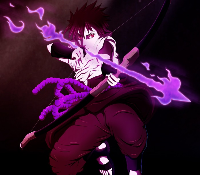Sasuke Uchiha with purple flames and bow