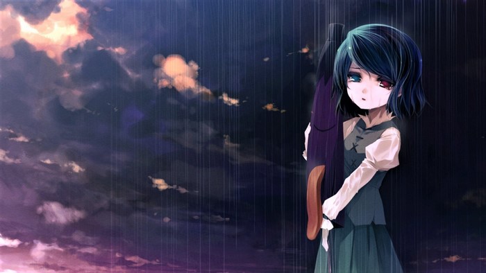 Anime girl with heterochromia holding a rifle in the rain