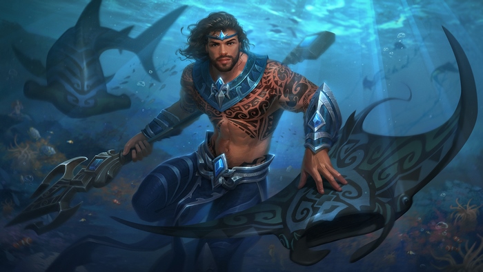 Poseidon from Smite underwater with Manta Ray and Shark