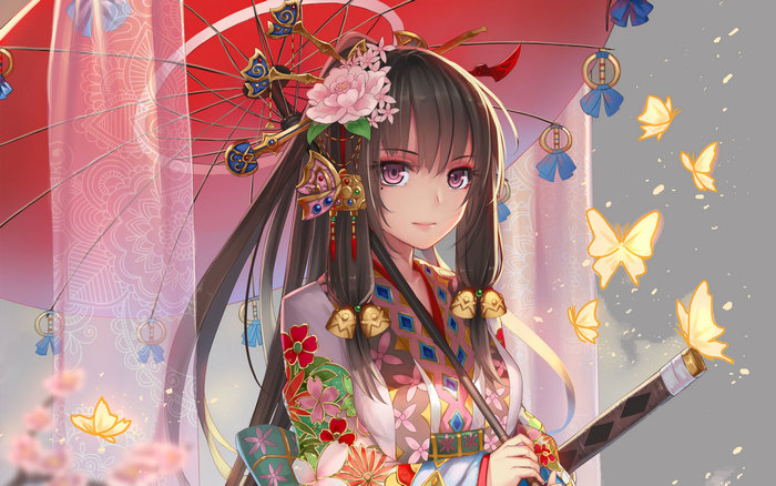 Elegant Anime Girl in Kimono with Sword and Umbrella