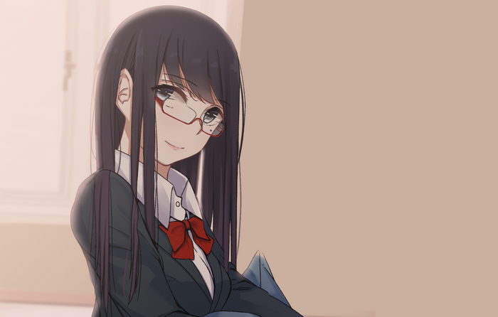 Anime girl with glasses and red bow