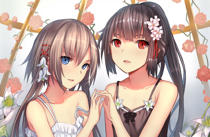 Two anime girls with flowers and roses