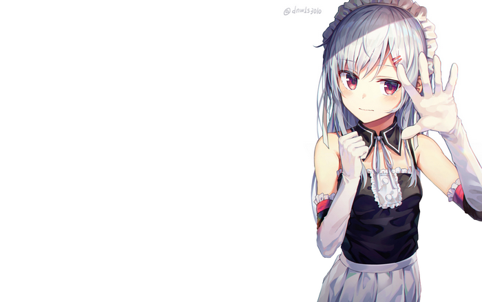 Anime girl with white hair and red eyes in maid outfit