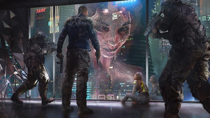 Cyberpunk warriors and a girl in a futuristic city