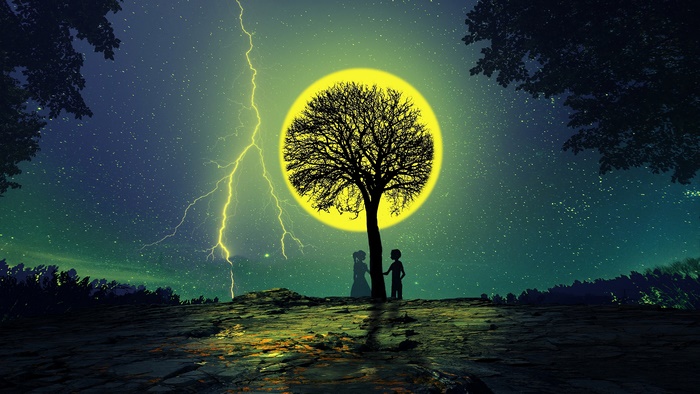 Couple under a tree with moon and lightning