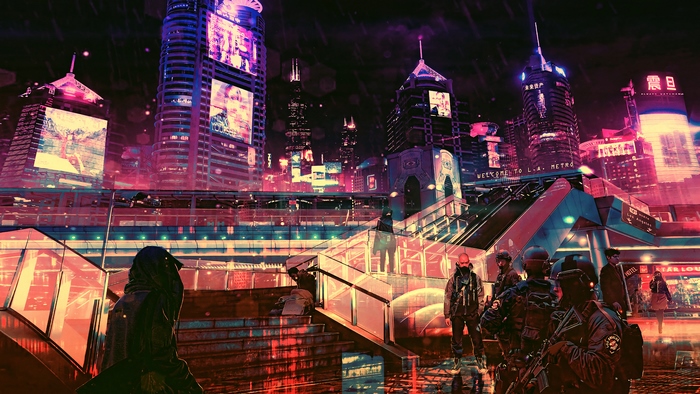 Cyberpunk Cityscape with Futuristic Buildings and Figures