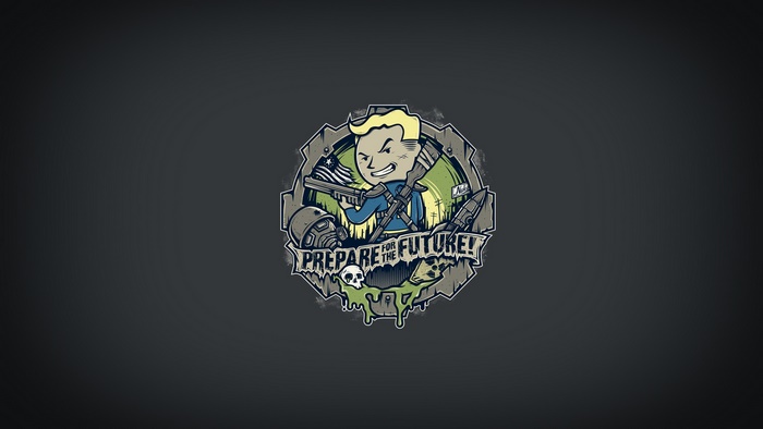 Vault Boy from Fallout holding weapons and a flag