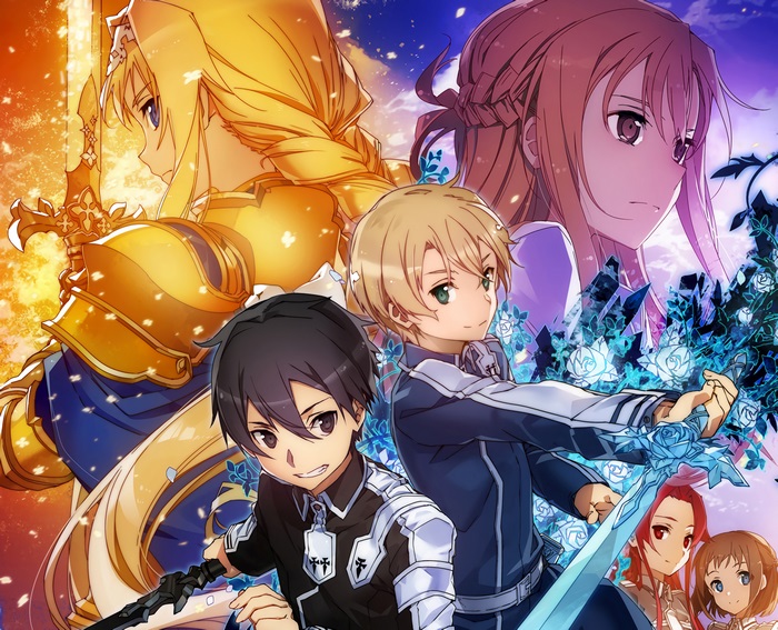 Alice, Kirito, Asuna, Eugeo, Ronye, and Tiese from Sword Art Online