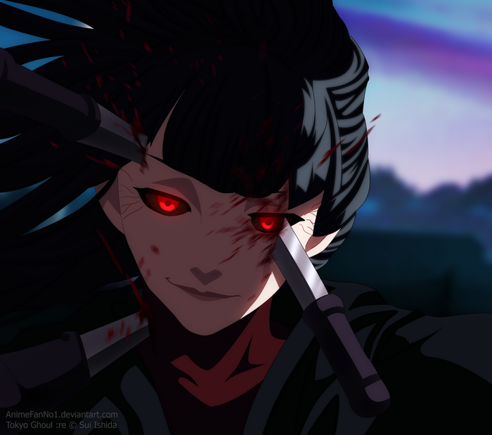 Kurona Yasuhisa from Tokyo Ghoul:re with knives and blood