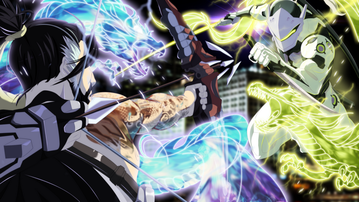 Hanzo and Genji from Overwatch fighting with dragons