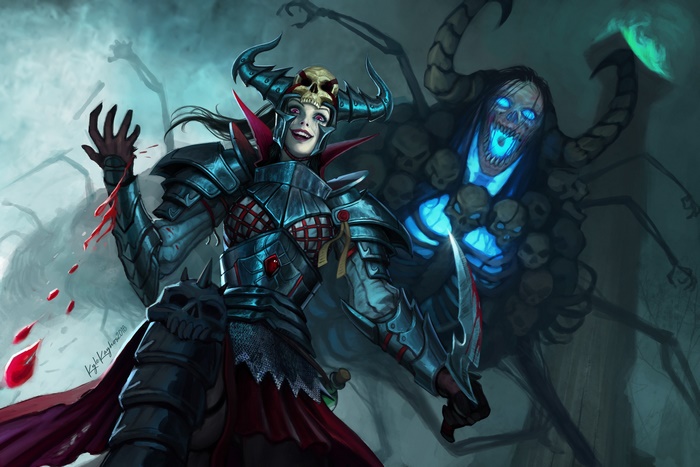 Woman warrior with skull helmet and undead creature