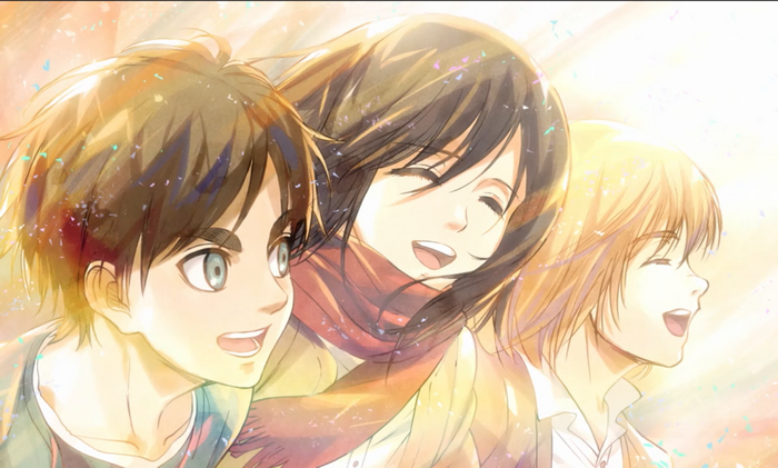 Eren Yeager, Mikasa Ackerman, and Armin Arlert from Attack on Titan