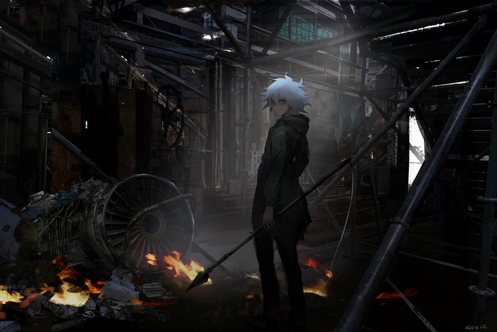 Nagito Komaeda in Dimly Lit Industrial Ruins