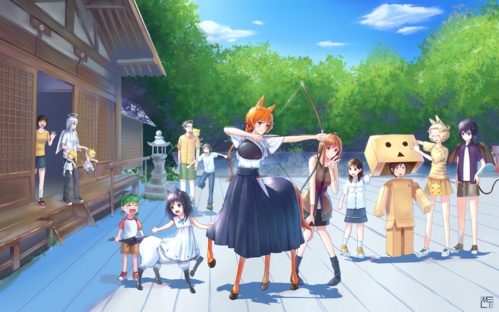 Anime characters at a shrine with a centaur archer