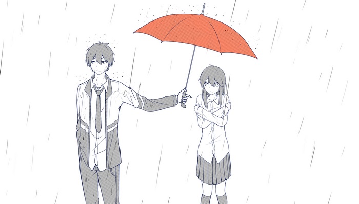 Boy Sharing Red Umbrella with Girl in Rain