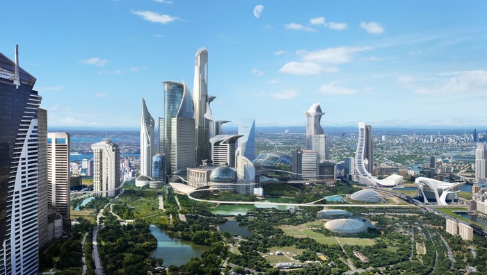 Futuristic Cityscape with Modern Architecture and Green Spaces