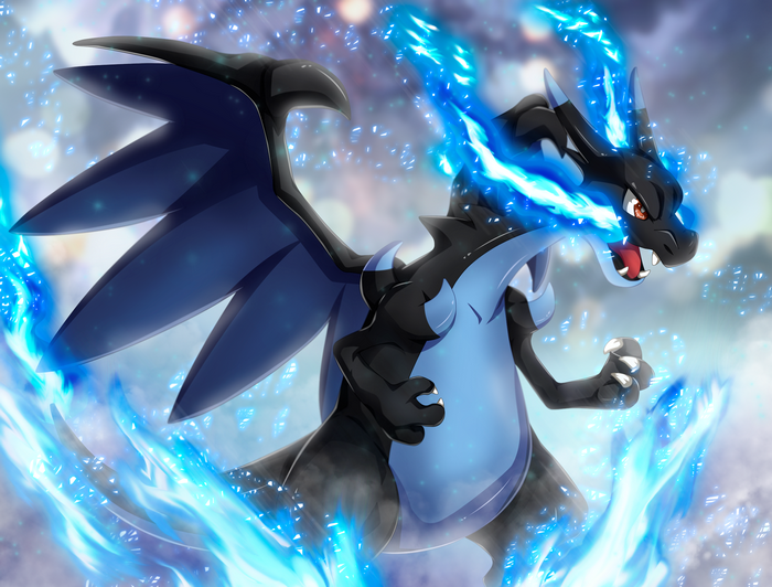 Mega Charizard X Surrounded by Blue Flames