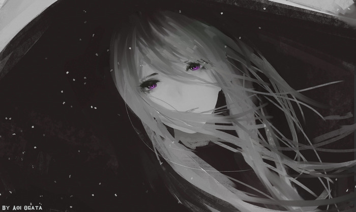 Girl with long white hair and purple eyes