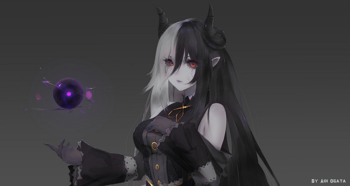Demon girl with black and white hair holding a dark orb