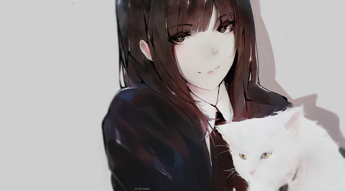 Anime girl with brown hair and a white cat