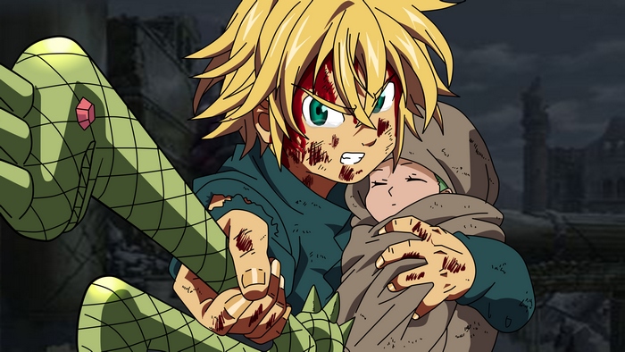 Meliodas holding baby Elizabeth from The Seven Deadly Sins
