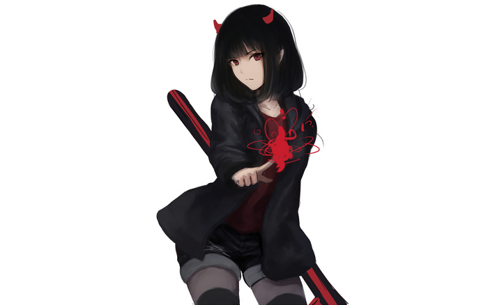 Anime Girl with Red Eyes and Black Hair Holding Baseball Bat