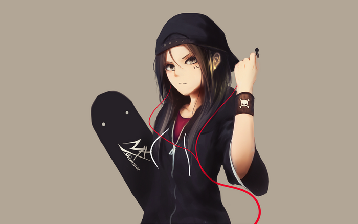Anime girl with skateboard and earbuds