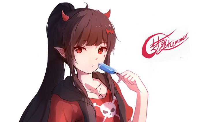 Anime Girl with Red Eyes and Horns Eating Popsicle