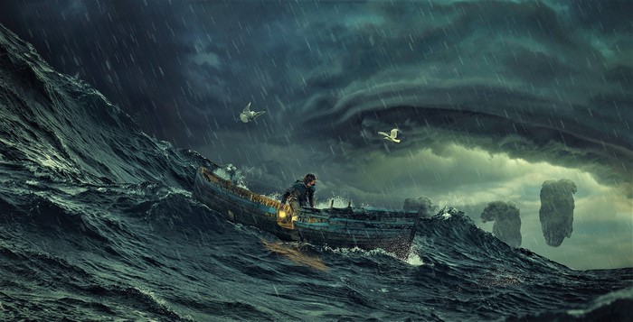 Man Battling Stormy Ocean Waves in a Small Boat