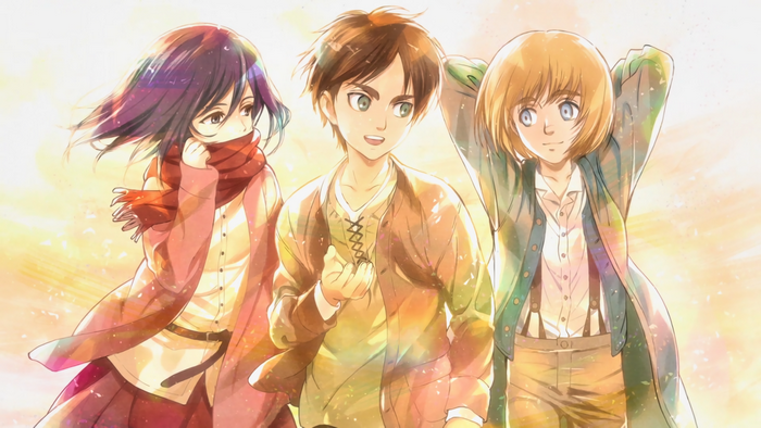 Mikasa Ackerman, Eren Yeager, and Armin Arlert from Attack on Titan
