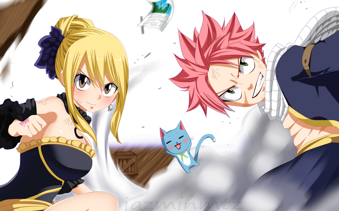 Lucy Heartfilia, Natsu Dragneel, and Happy from Fairy Tail