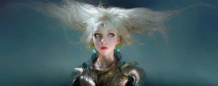 Woman with white hair and blue eyes wearing armor