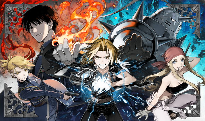 Roy Mustang, Winry Rockbell, Riza Hawkeye, Edward Elric, and Alphonse Elric