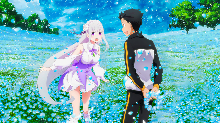 Emilia and Subaru from Re:ZERO in a field of flowers
