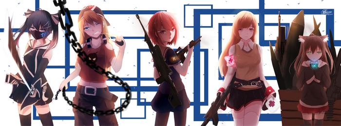 Five anime girls with weapons and chains