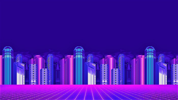 Pixel Art Neon Cityscape with Grid Floor