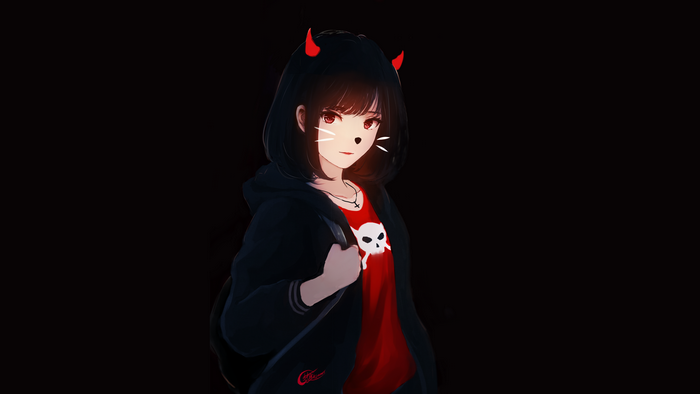 Anime Girl with Red Horns and Black Hair