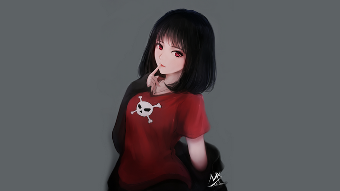 Girl with Black Hair and Red Eyes in Red Shirt
