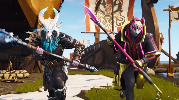 Fortnite characters with Viking ship in background