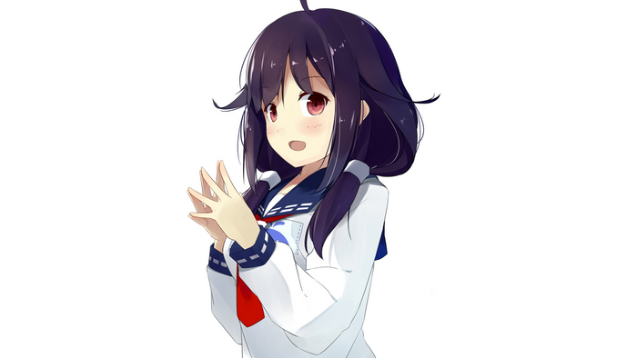 Anime girl with purple hair and red eyes in school uniform