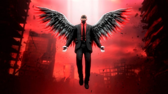 Man with black and red wings in a destroyed city