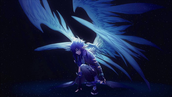 Anime character with large blue wings in the night sky